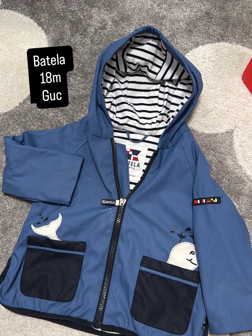 Batela Blue Waterproof Hooded Kids Jacket - Whale Pocket Design